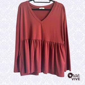 Entro Rust V-Neck Peplum Blouse Long Sleeve Butter Soft Stretch Medium